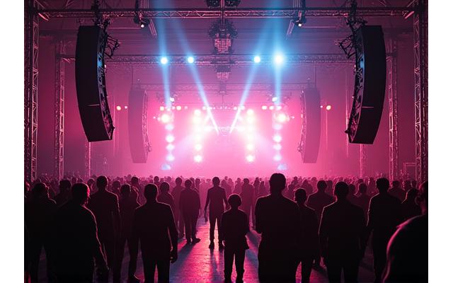 A busy backstage scene at a music festival with crew members efficiently setting up complex audio and lighting equipment, cables neatly organized, and production truss structures going up.