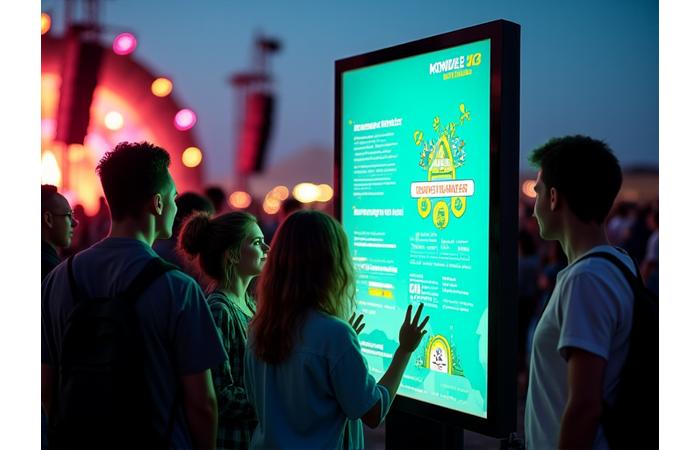 An interactive digital display at a festival showing real-time energy usage and waste diversion metrics to engaged attendees.