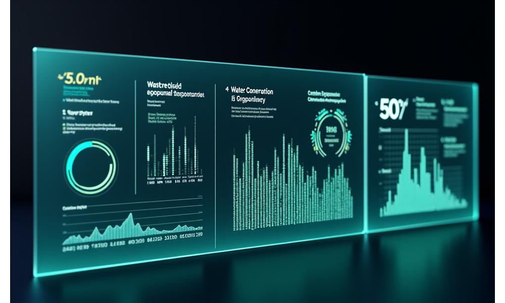 A clear, dynamic dashboard showing environmental metrics: pie charts for waste diversion, bar graphs for carbon reduction over time, and a water droplet icon with a percentage, all in a modern, dark interface with bright, clean data points.
