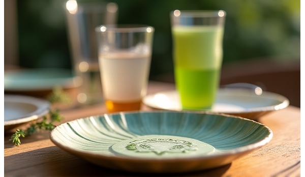 Biodegradable food containers and cutlery on a table at a festival, with a recycling bin in the background.