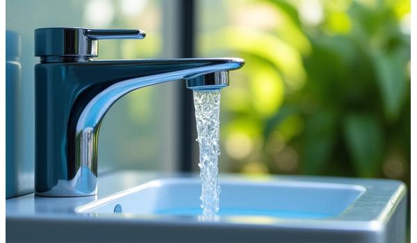 Water saving faucet with a leafy background, representing water conservation at events.