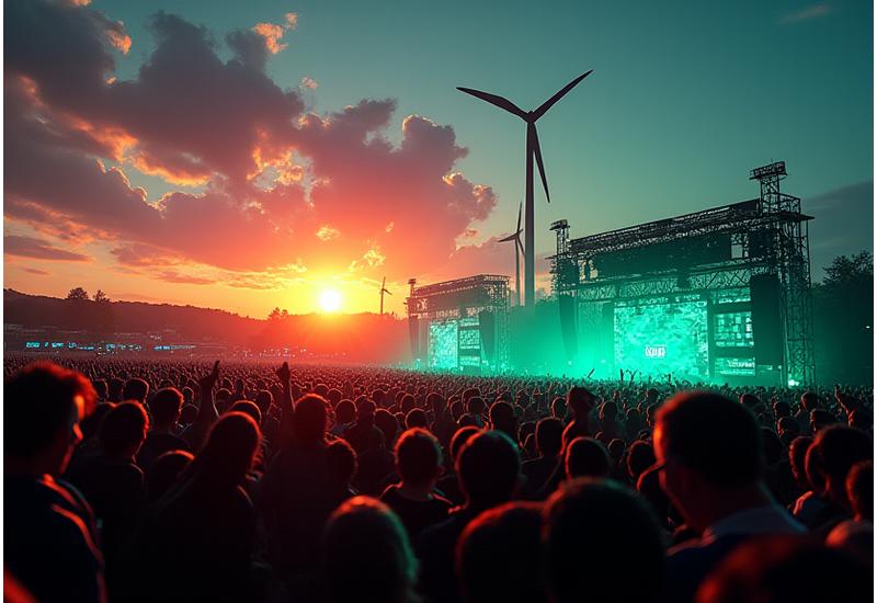 Panoramic view of a vibrant outdoor electronic music festival at sunset, powered by visible solar panels and wind turbines, with eco-friendly infrastructure and happy, diverse attendees recycling. Green energy glowing around stage.