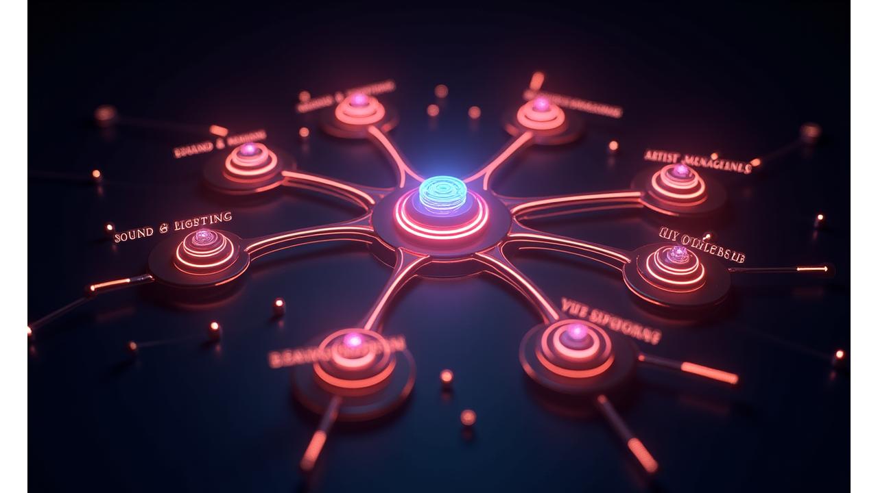 Integration diagram illustrating seamless connection between ticketing, sound & lighting, artist booking, VIP experiences, and vendor management for Sonic Bloom Events' event services
