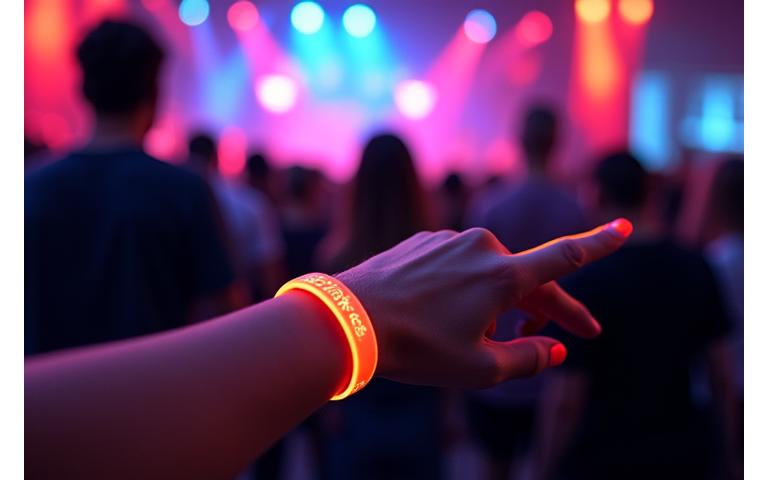 Close-up of an attendee tapping an RFID wristband at an event entry scanner with vibrant lights in the background, by Sonic Bloom Events