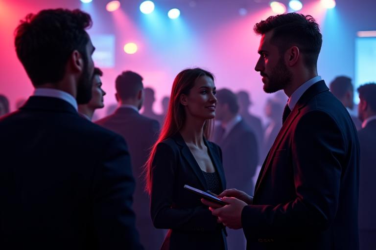 Professionals networking in a sleek, energetic corporate VIP lounge at an event