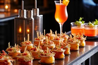 Gourmet food and cocktails elegantly displayed in a VIP lounge