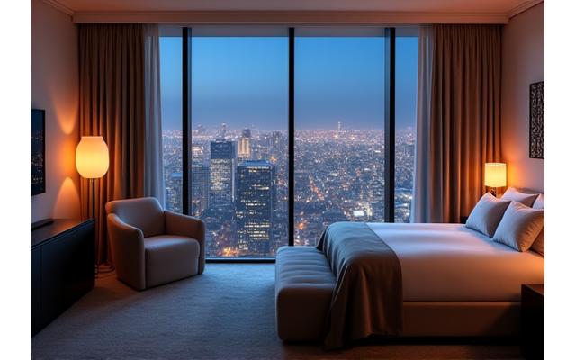 Opulent hotel suite with city views, indicative of luxury accommodation