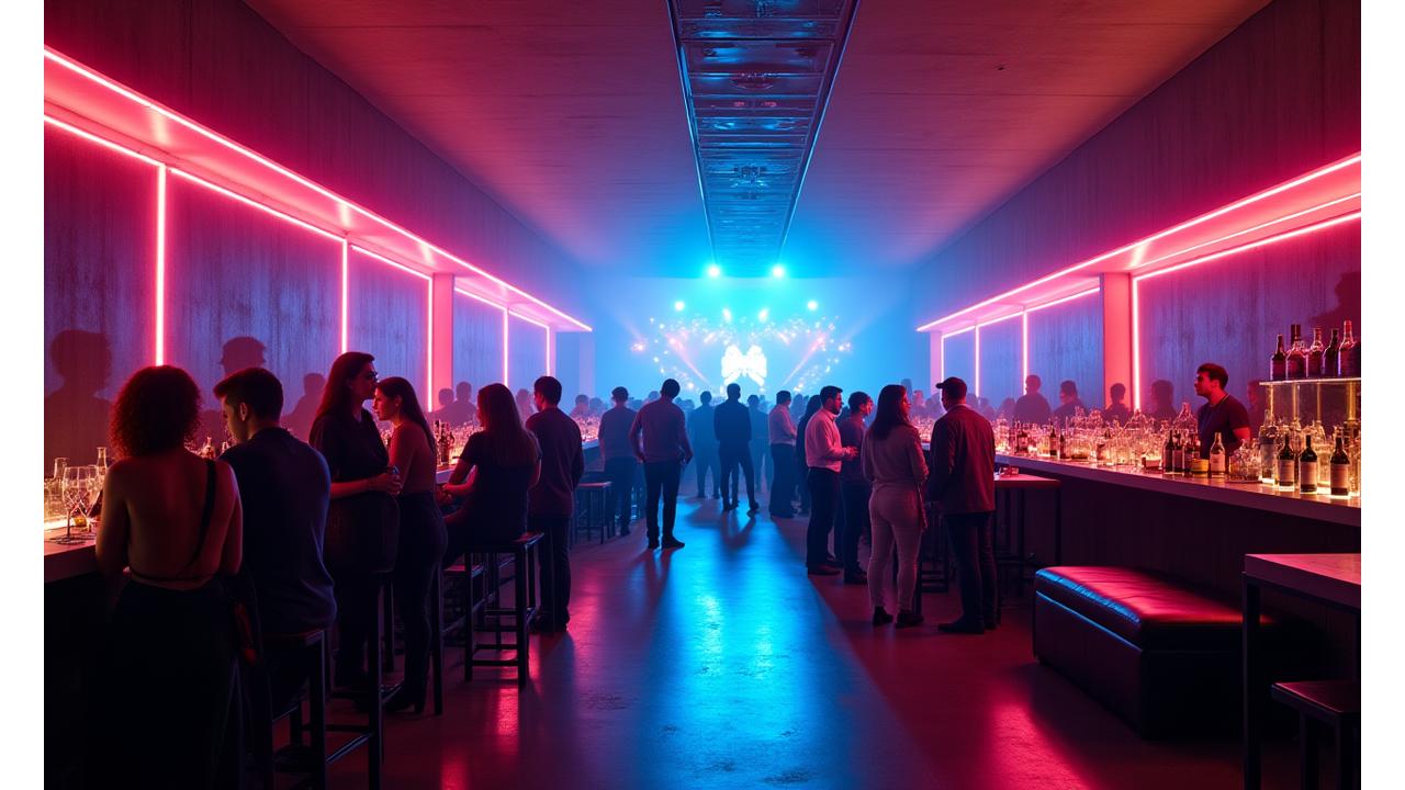 Electrifying VIP lounge at a music festival with vibrant neon lights and luxury seating
