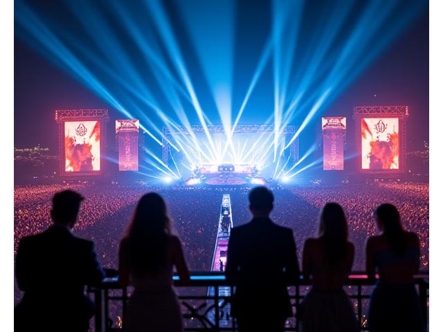 Elevated private viewing platform overlooking a massive festival crowd and stage